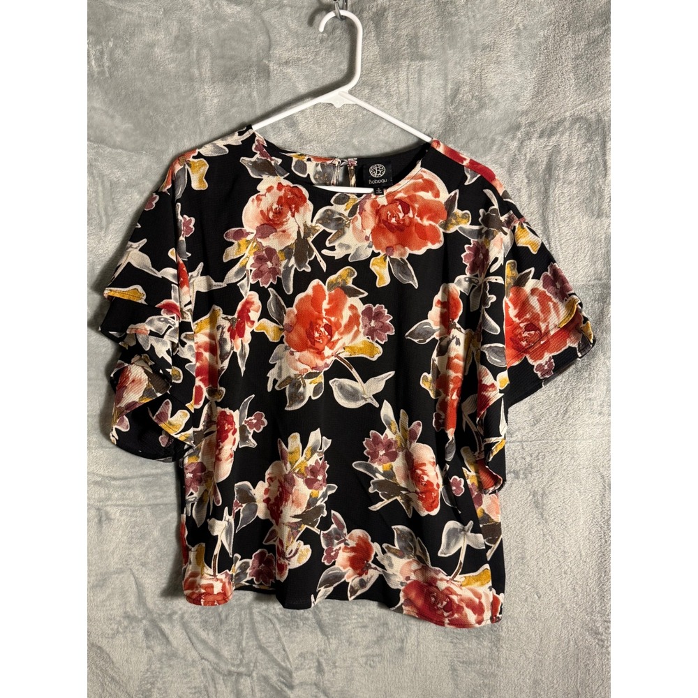 Bobeau Womens Floral Ruffle Sleeve Blouse Black Red Orange Small